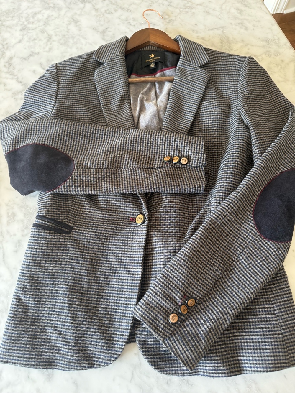 Massimo Fabbro Italy Tweed Houndstooth Blazer M Elbow Patches Crest Buttons
